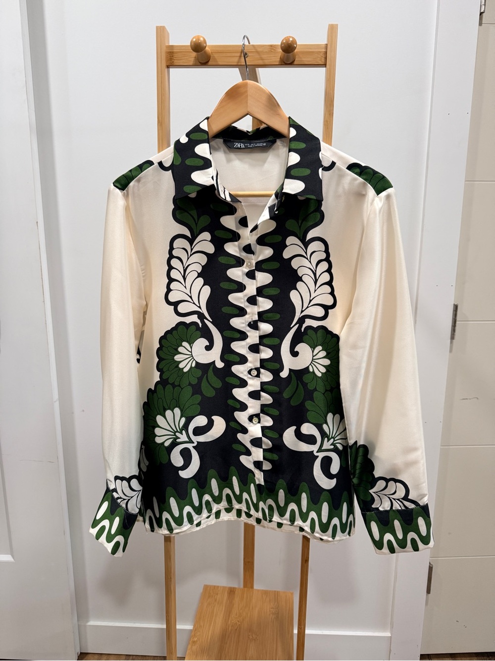 Zara Cream, Black & Dark Green Ornate Print Button-Down Shirt